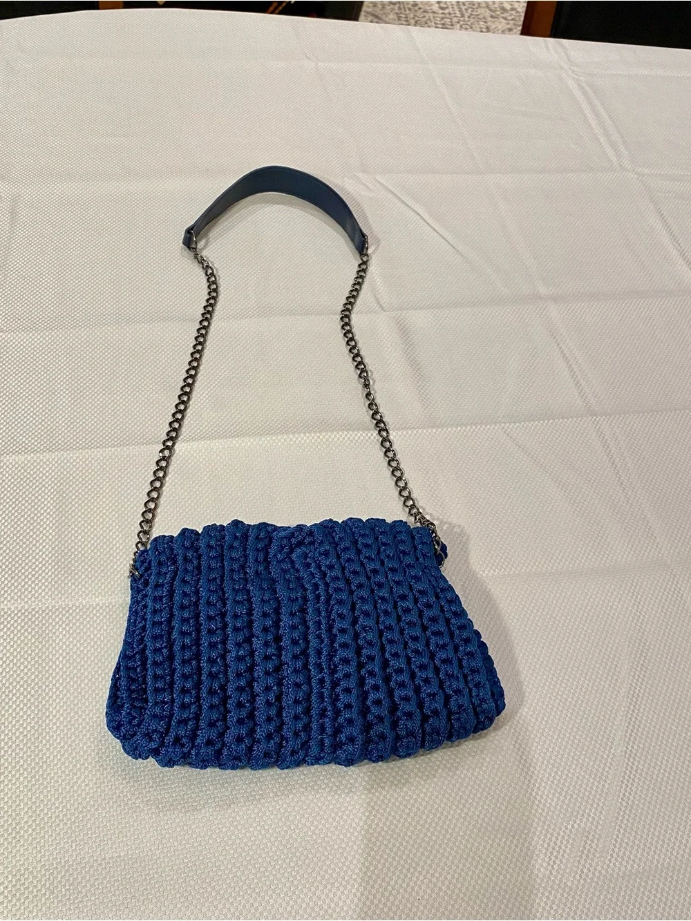 Cottage core Handcrafted Navy Crochet Crossbody Bag with Chain Strap